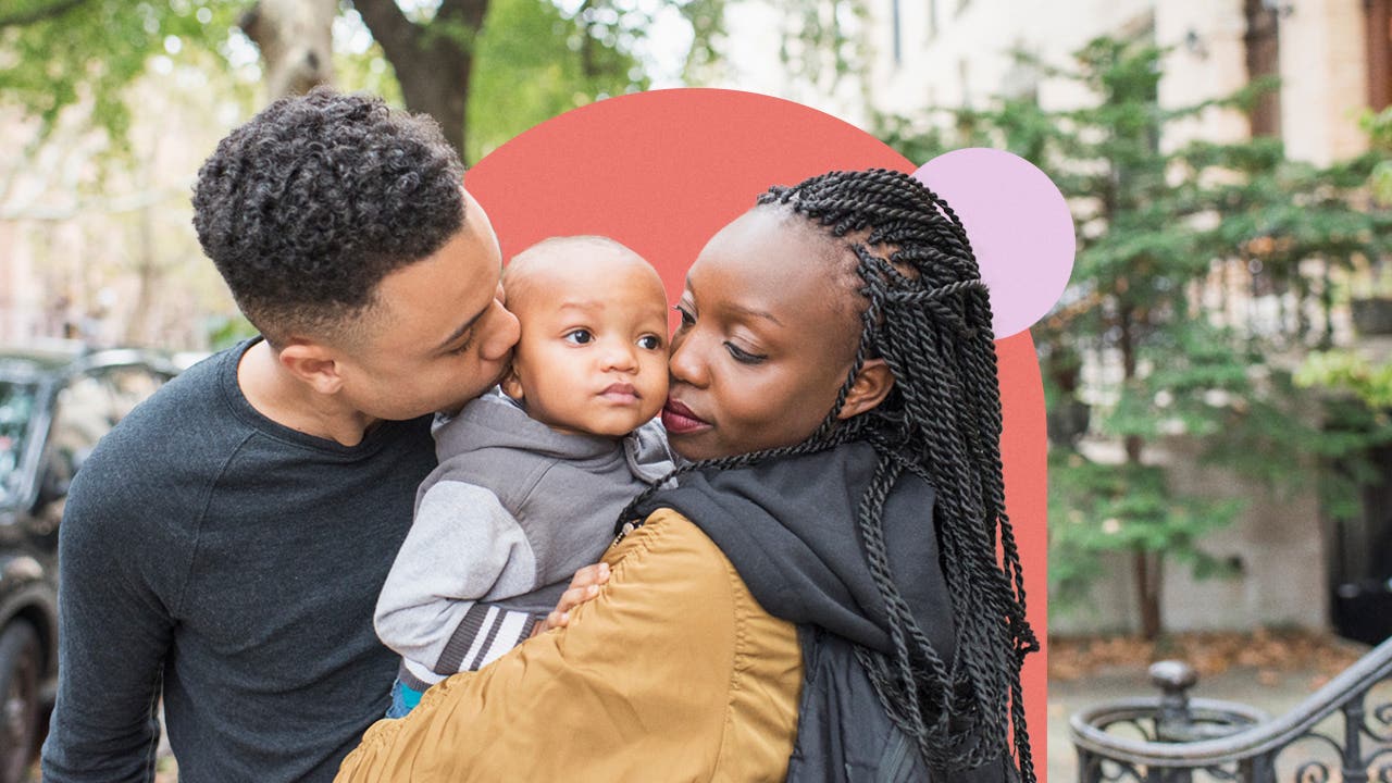 Illustrated graphics featuring BIPOC couple snuggling infant son